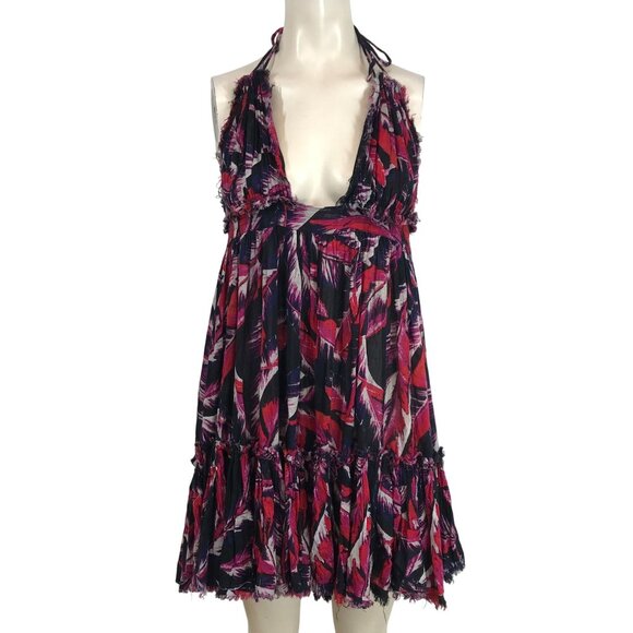 FREE PEOPLE -WOMEN'S LARGE - 100 DEGREE HALTER DEEP V NECK RUFFLE BOHO DRESS - Picture 1 of 7